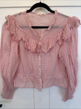 LoveShackFancy Pale Pink Ruffled Check Button-Up Blouse